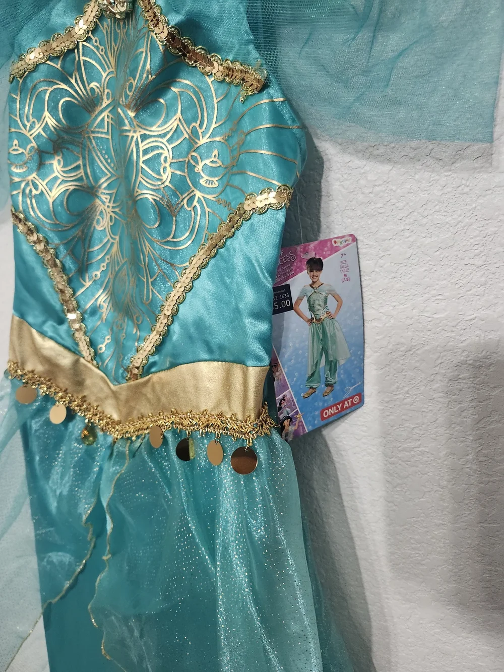 Disney Teal and Gold Girls Jasmin Princess Dress Size 7-8